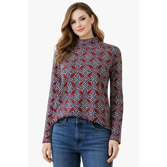 Anthropologie Sweaters - Anthropologie Maeve Sweater Size Small Red Geometric Long Sleeve Mock Neck